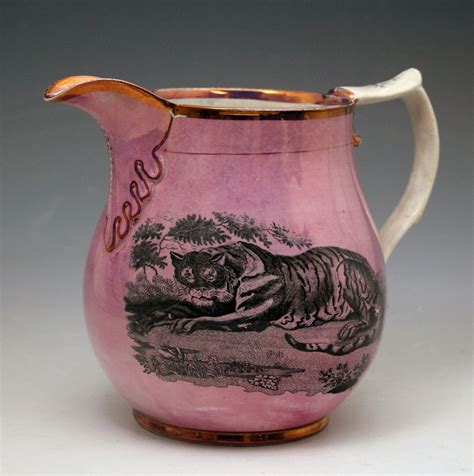 Antique English pottery pink luster pitcher with image of tiger early ...