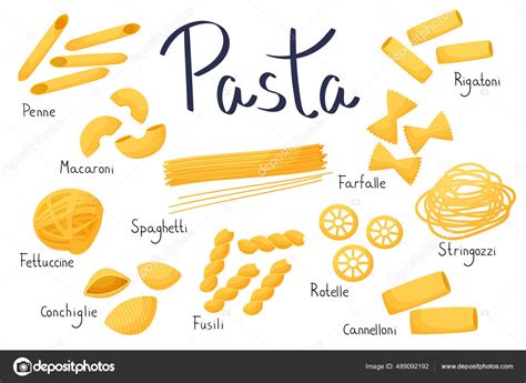 Set Italian Pasta Cartoon Style Types Pastes Names Vector Illustration