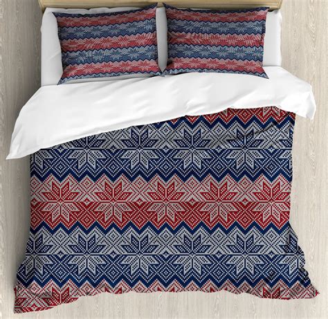 Nordic Duvet Cover Set Queen Size Traditional Knitting Motif With