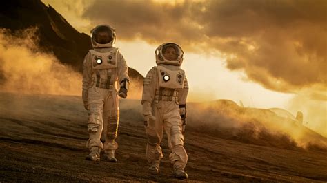 Two Astronauts In Space Suits Confidently Walking On Mars Exploration