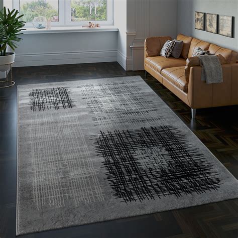 Designer Living Room Rug Checked Pattern Grey Rug24