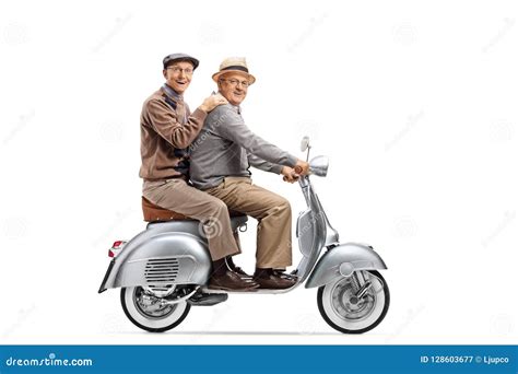 Two Senior Men Riding On A Vintage Scooter Stock Image Image Of