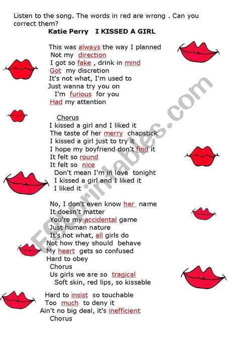 Song I Kissed A Girl By Katie Perry Esl Worksheet By Patrenou