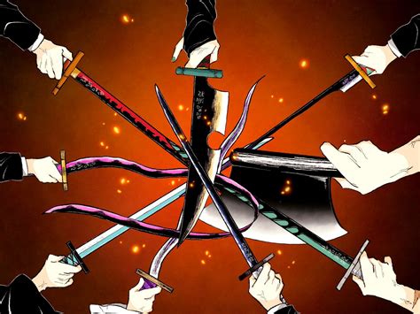 a group of people holding swords in their hands