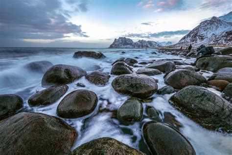 Movement Of Water On The Shores Of Cold Norwegian Sea At Evening Time