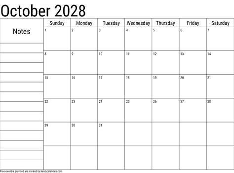 October 2028 Calendar With Notes Handy Calendars