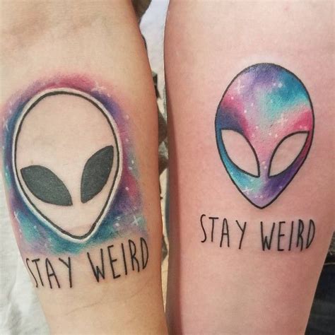 Stay Weird Watercolour Alien Friendship Tattoos Forearm Tattoos
