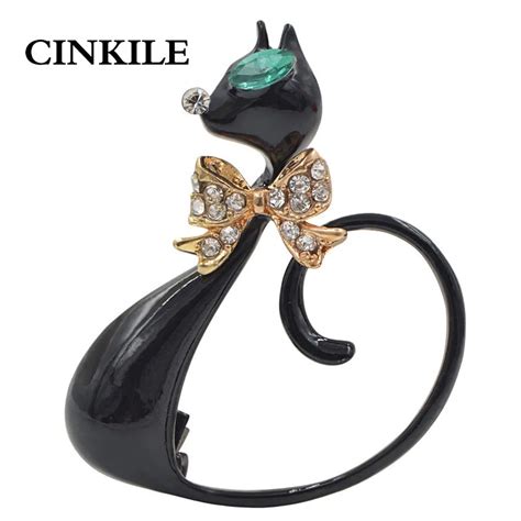 Cinkile Cute Enamel Black Long Tail Cat Brooches For Women Rhinestone Green Eye Brooch Pin