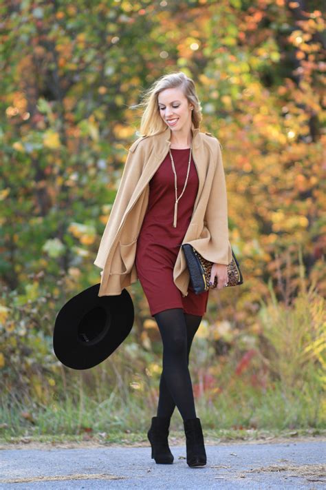 { Autumn Light: Camel cape, Burgundy shift dress & Leopard clutch