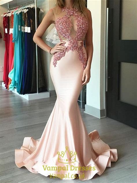 Sexy Blush Pink Sheer Illusion Bodice Mermaid Long Prom Dress Vampal