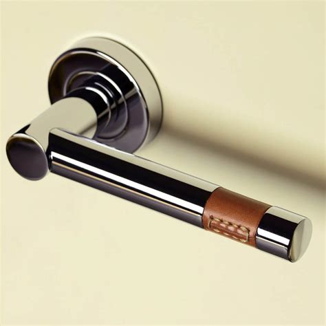 Turnstyle Design Door Handle Tan Leather Polished Brass Model R Door Handles Model