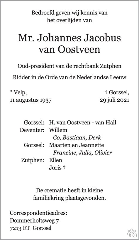 Johannes Jacobus Van Oostveen 29 07 2021 Overlijdensbericht En