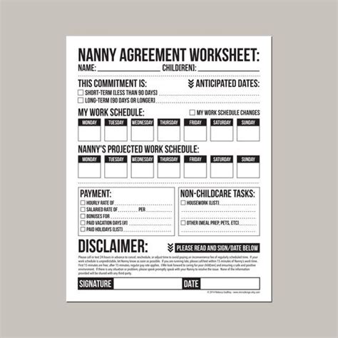 Nanny Agreement Worksheet Printable Pdf Sheet