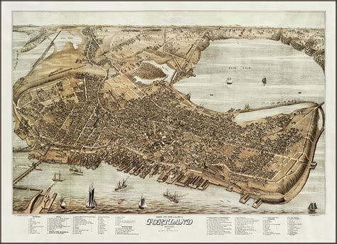 Portland Maine Vintage Map Birds Eye View 1876 Photograph By Carol Japp