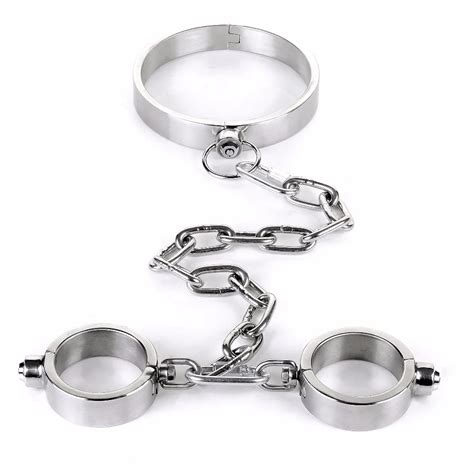 lockable neck hand bondage cuffs stainless steel metal restraints sex games products slave bdsm