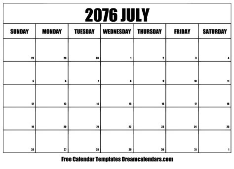 July 2076 Calendar Free Blank Printable With Holidays