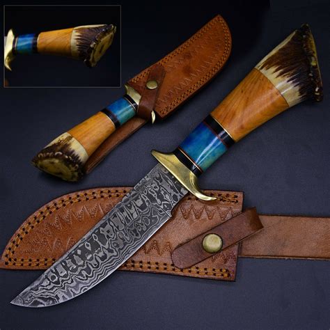 Handmade Damascus Steel Bowie Knife With Stag Crown Bw 15 1 Esaleknives