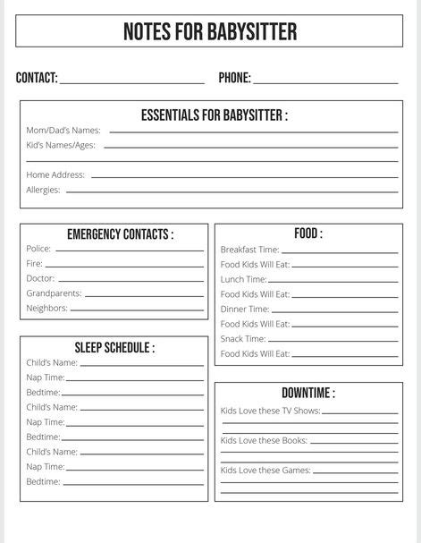 Babysitter Information Sheet Printable