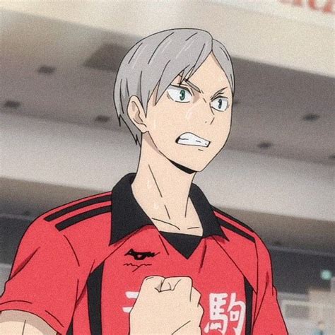 An Anime Man With Grey Hair And Blue Eyes Wearing A Red Shirt In Front
