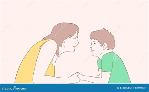 Vector Illustration Of A Woman Talking To A Boy Mom Holding Her Son`s