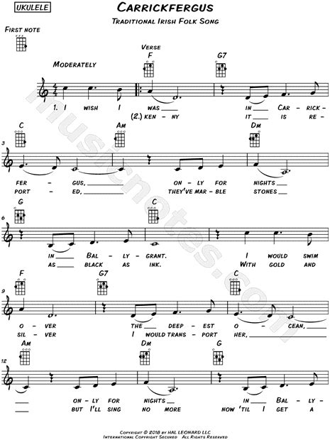 Traditional Irish Carrickfergus Sheet Music Leadsheet In C Major Download Print SKU