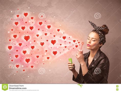 Pretty Young Girl Blowing Red Heart Symbols Stock Image Image Of Hand