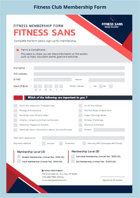 Fitness Club Registration Form Printable Gym Registration Form Pdf