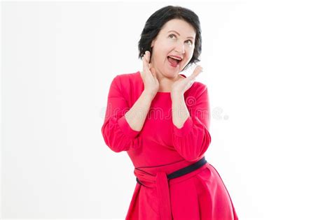 Happy Smiling Middle Age Woman In Red Dress Isolated On White