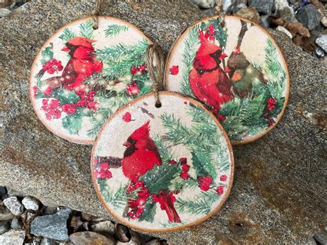 Christmas Cardinals Decoupage Wood Ornaments Etsy