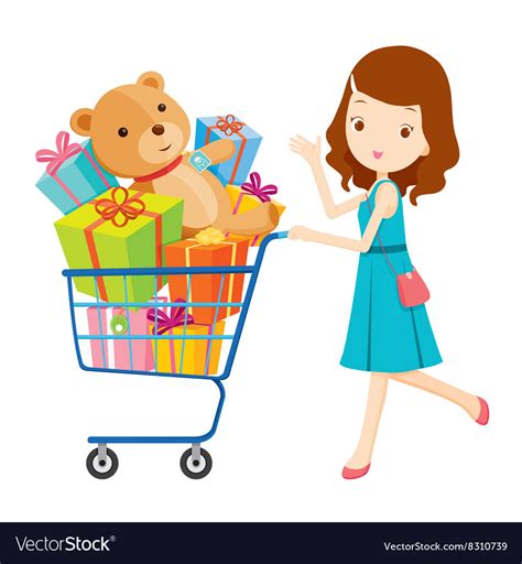 Girl Pushing Shopping Cart Full Of Ts Vector Image