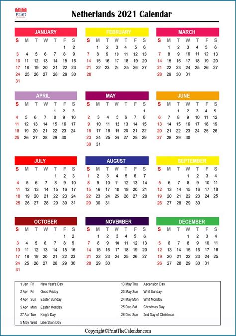 Netherlands Calendar 2021 With Netherlands Public Holidays