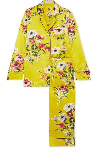 Olivia Von Halle Lila Floral Print Silk Satin Pajama Set In Marigold