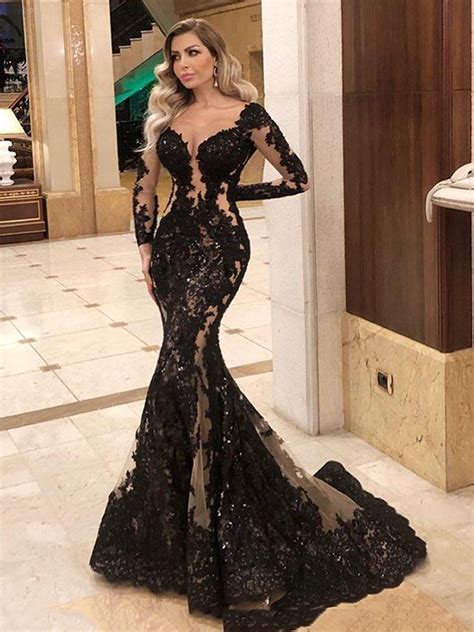 Black Lace Mermaid Miss World Evening Gown With Illusion Long Sleeves And Sequins Applique Sheer