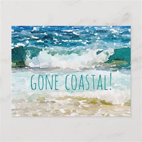 Gone Coastal New Home Wave On Beach Watercolor Announcement Postcard