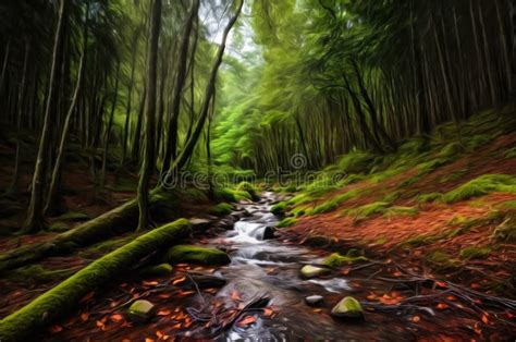 Forest River Flows Through A Dense Green Forest Illustration Stock