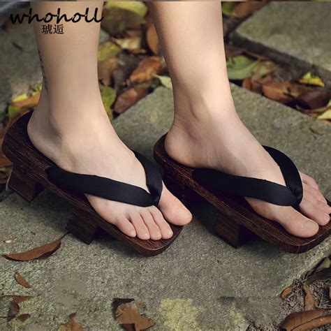 whoholl women sandals wooden japanese geta floral flip flops for female cosplay two teeth