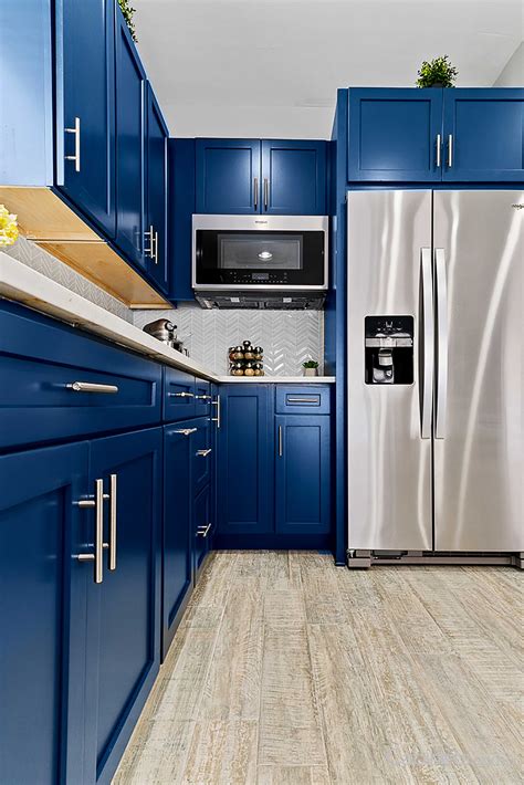 Modern Navy Blue Kitchen With Waterfall Island Blue