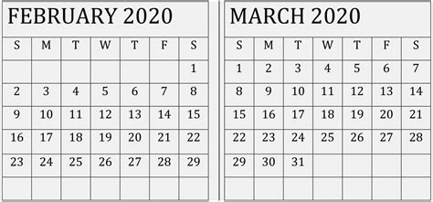 February March 2020 Calendar Pdf Template Free Latest Calendar And Holidays