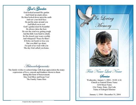 Celestial Dove Funeral Program Template Graduated Fold Elegant
