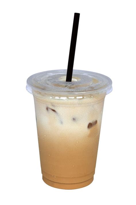 Iced Coffee Latte In Plastic Cup Isolated On White Background C Stock