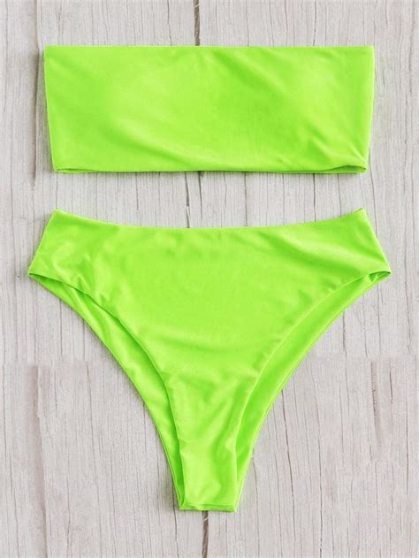 Neon Lime Green Bandeau Swimsuit With High Waist Bikini Bottom Https
