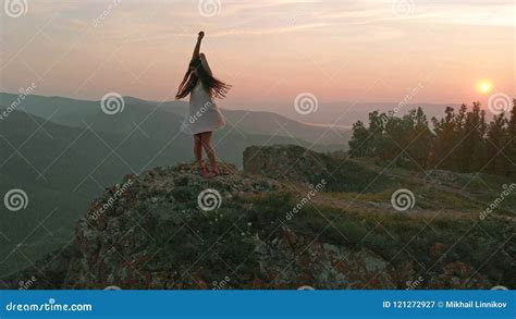 Young Happy Woman Standing On The Edge Of A Cliff Stock Image Image Of Hill Park 121272927