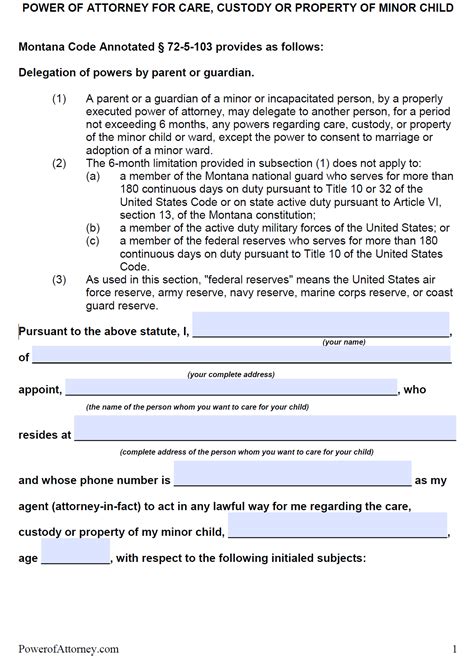 The special power of attorney provides broad authorizations to a person, such as making legal choices. Free Minor (Child) Power of Attorney Montana Form - PDF