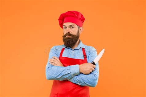 Seriously Good Food Time To Eat Surprised Bearded Chef Hold Knife Brutal Male Cook In Hat And