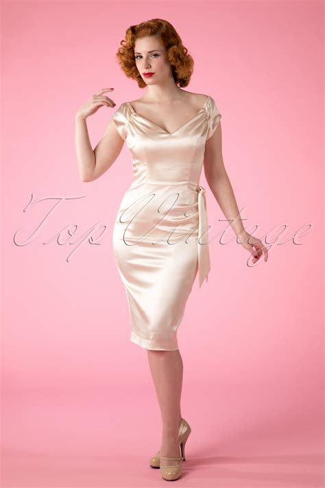 Topvintage Exclusive ~ 50s Mamie Satin Pencil Dress In Cream