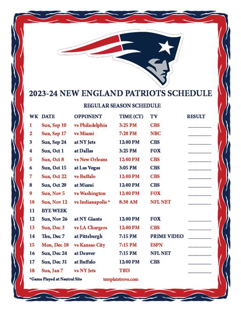 Printable 2023-2024 New England Patriots Schedule