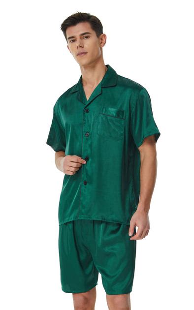 Mens Silk Satin Pajama Set Short Sleeve Deep Green With Black Piping