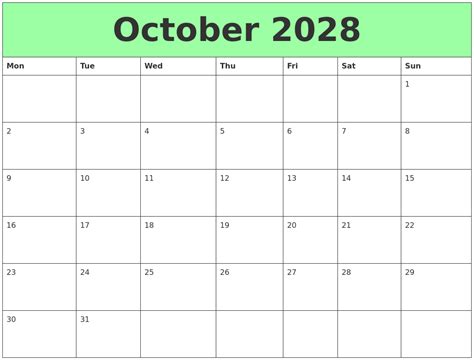 October 2028 Printable Calendars