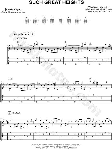 Charlie Kager Such Great Heights Guitar Tab In G Major Download