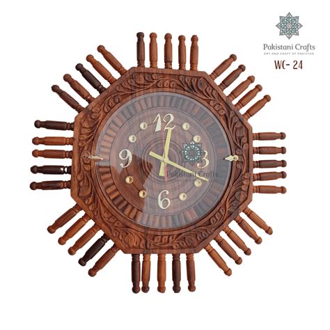 Wooden Round Wall Clock Traditional Carving Style Pakistani Crafts